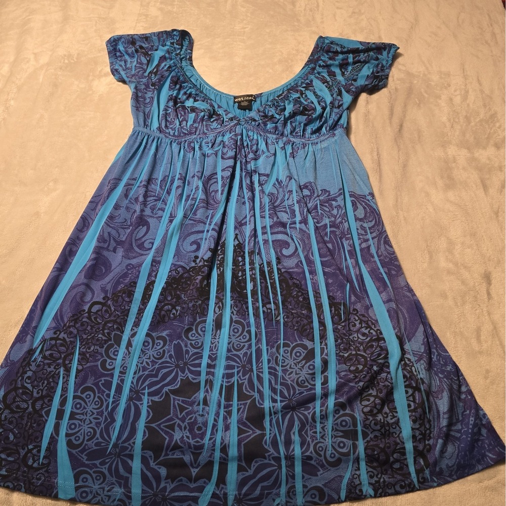 One World Womens XL Purple Aqua Boho Midi Dress Floral Abstract Cottagecore
